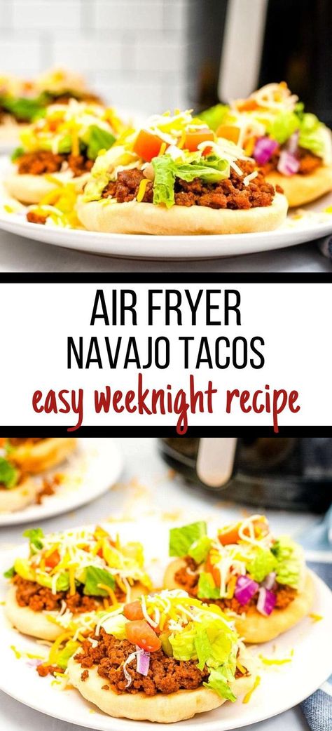 My Air Fryer Navajo Tacos are easy to make, even with homemade fry bread. Add your favorite toppings for an easy weeknight recipe that will wow everyone! Air Fryer Navajo Fry Bread, Navajo Tacos, Homemade Fries, Airfryer Recipes, Fry Bread, Homemade Tacos, Homemade Taco Seasoning, Savory Recipes, Easy Weeknight