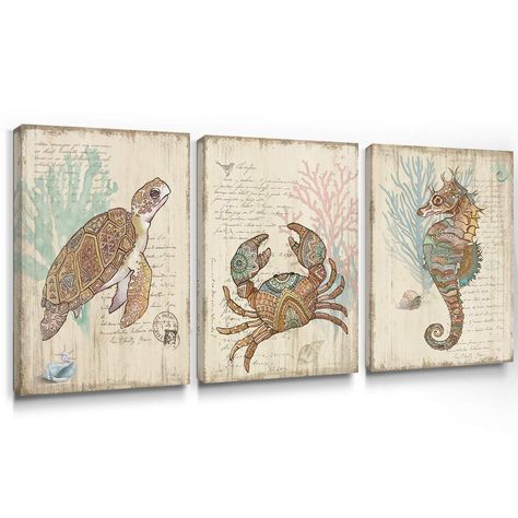 AmazonSmile: Adecuado Rustic Wall Art Coastal Picture Seahorse Print Sea Turtle Canvas Painting Crab Artwork Beige Framed Home Decor Ready to Hang for Bedroom Bathroom Living Room 12x16 Inch, 3 Panels : Handmade Products Mountain Painting Canvas, Beachfront Decor, Bathroom Wall Decor Art, Coastal Farmhouse Decor, Turtle Wall Art, Panel Painting, Coral Decor, Crab Decor, Ocean Canvas