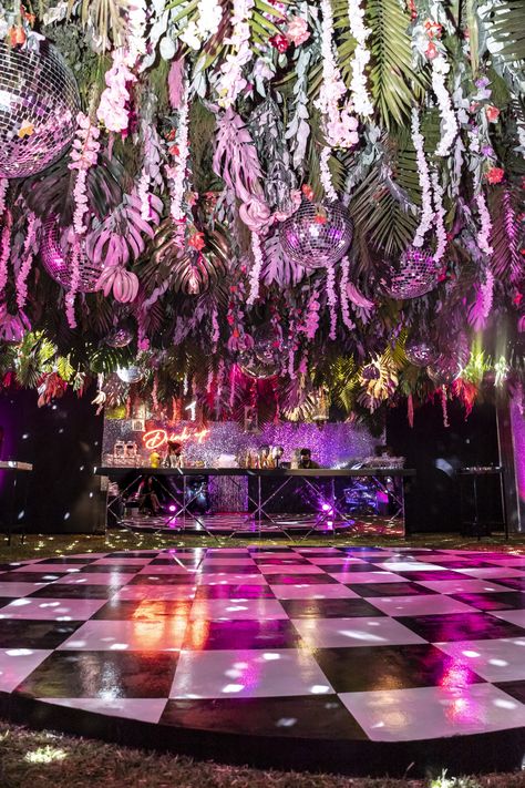 Sangeet Disco Theme, Electric Disco Party, Tropical Disco Party Decor, Disco Jungle Party, Disco Garden Party Aesthetic, Tropical Party Aesthetic, Garden Disco Wedding, Outdoor Disco Party, Tropical Disco Party