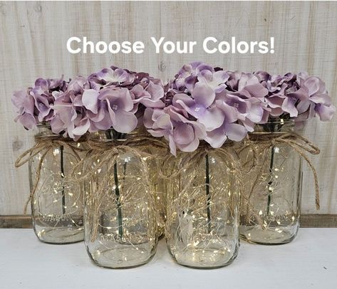 GlassyGalDecor - Etsy Purple And Gold Table Centerpieces, Quinceanera Centerpieces Purple, Lighted Mason Jar Centerpieces, Mason Jars With Lights, Purple Wedding Reception, Event Centerpieces, Purple Hydrangeas, Purple And Gold Wedding, Lighted Centerpieces