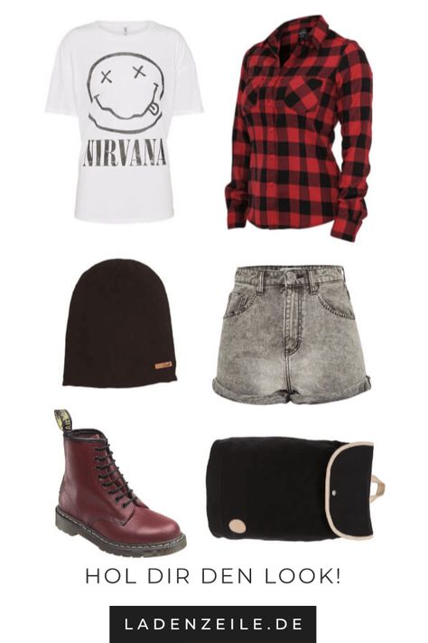 In der Modewelt zeigen wir dir, wie du ganz einfach ein Outfit im Grunge Look stylen kannst. Mit kariertem Flanellhemd, Shorts, Strumpfhose und Schnürstiefeletten wird der Grunge Look für Damen im Nu ein Style für den Herbst. Rucksack und Mütze in Schwarz sind Accessoires, die du stilbewusst dazu kombinieren kannst. Entdecke jetzt unser Grunge Outfit und lass dich von unseren Stylingtipps inspirieren! #grungelook #grungestyle #grungeoutfits #grungemode #outfitcollage #stylingtipps Grunge Outfit, Grunge Look, Lula Roe Outfits, Gwen Stefani, Grunge Style, Kate Moss, Kurt Cobain, Grunge Fashion, Drawstring Waistband