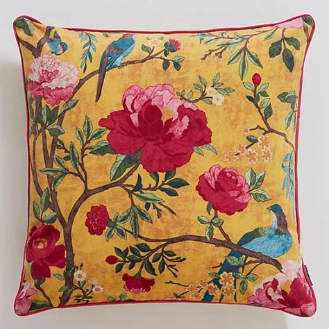 Floral Cushion Covers, Chinoiserie Style, Gold Cushions, Floral Cushions, Flower Bird, Vibrant Flower, Velvet Cushions, Yellow Background, Bird Prints