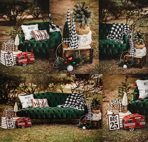 Christmas Photo Shoot Set Up Outside, Green Velvet Couch Photoshoot, Christmas Photoshoot Setup Ideas Outdoor, Diy Christmas Photo Props Outdoor, Western Christmas Mini Session, Green Couch Christmas Photos, Front Porch Christmas Photo Shoot, Outdoor Christmas Photo Setup, Christmas Photoshoot Set Up