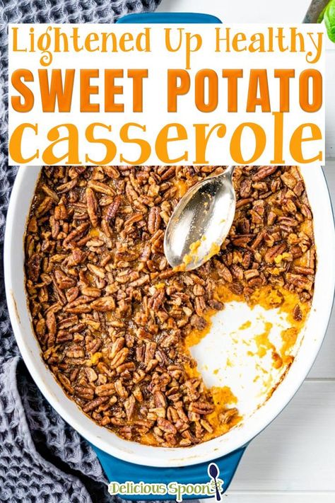 A lightened Up Healthy Sweet Potato Casserole topped with a crunchy ginger glazed pecan topping. A Thanksgiving side dish that is so easy to make and delicious that you’ll see it doesn’t need to be reserved for the holiday dinner only. You’ll want to make this all winter long! | @thedeliciousspoon #healthysweetpotatocasserole #healthythanksgivingsidedish #healthyfallsidedish #lightsweetpotatocasserole Keto Sweet Potato Casserole, Casserole Potato, Low Carb Thanksgiving Recipes, Low Carb Sweet Potato, Sweet Potato Casserole Healthy, Casserole Keto, Keto Thanksgiving, Keto Sides, Low Carb Holiday