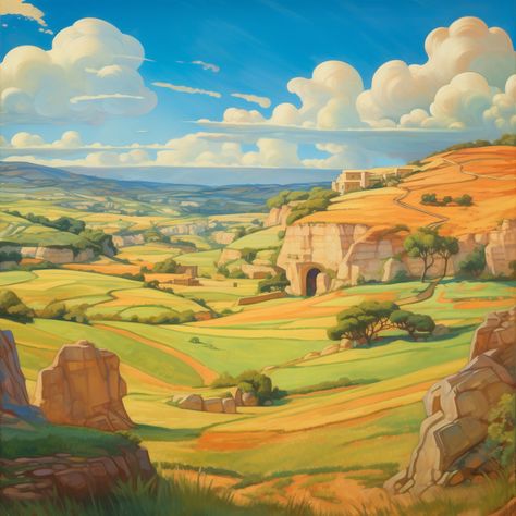 fantasy landscape painting of calabria toscane mallorca italy, sunny, fields, cliffs, wide angle, studio ghibli pixar, abbott fuller graves Pixar Background, Fantasy Italy, Ghibli Landscape, Fantasy Landscape Painting, Fantasy Fields, Fantasy Backgrounds, Mediterranean Landscaping, Fantasy Background, Italy Art