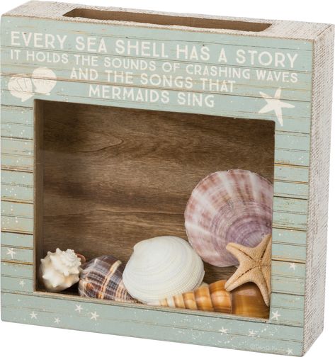 A set of three wooden house-shaped shelves in various sizes. Features gray and cream palette on natural wood. Complements well with other pieces in collection to create a cohesive display. Rustic Beach House Decor, Seashell Shadow Boxes, Sea Shells Diy, Seashell Projects, Shells Diy, Seashell Painting, Shell Crafts Diy, Shell Decor, Primitives By Kathy