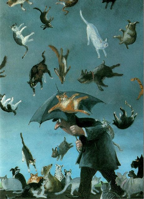 Gerhard Glück. Alemania  (it's raining cats, hallelujah it's raining cats... ;)  I just can't read it without sing it!!!!! Michael Sowa, Arte Indie, Umbrella Art, Raining Cats And Dogs, Art Et Illustration, Ap Art, Cats Illustration, Art And Illustration, Cats And Dogs