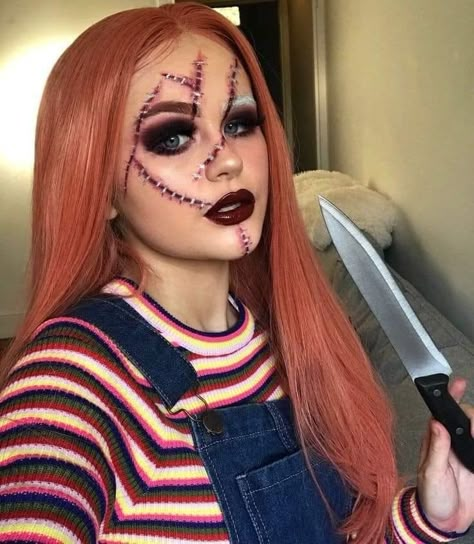 Female chuckie halloween makeup costume genderbend horror special effects SFX Pelottava Halloween, Makeup Zombie, Chucky Halloween, Halloweenský Makeup, Halloween Make-up Looks, Holloween Makeup, Cute Halloween Makeup, Halloween Makeup Pretty, Cool Halloween Makeup