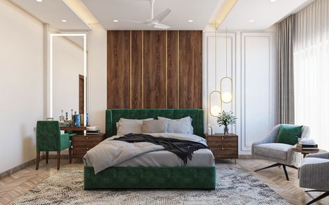 Classic Master Bedroom With Green And Brown Tones Green Upholstered Bed, King Size Bed Designs, Guest Bedroom Home Office, Double Bed Designs, Wooden Panelling, Bed Wooden, Personalized Bedroom, Luxe Bedroom, Simple Bedroom Design