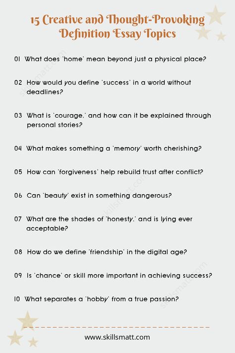 Dive into a selection of creative and intriguing definition essay topics to inspire exploration of abstract concepts and personal insights.,
Need help with your essays/ paper? I offer professional writing services to boost your success. Visit our website for personalized assistance! Fun Research Topics, Descriptive Essay Topics, Essay Topics Ideas, Essay Writing Prompts, College Application Essay Examples, What Is Courage, Essay Writing Examples, Speech Topics, College Application Essay