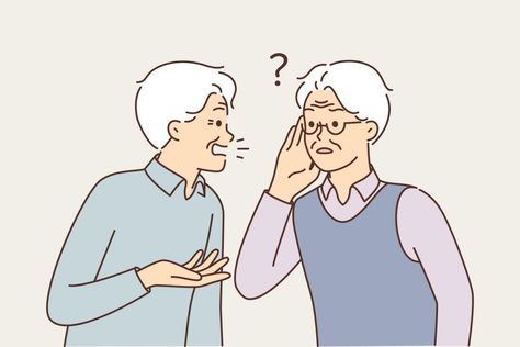 Old man talking to deaf friend who puts hand to ear and is having problems after hearing aid is broken. Elderly gray-haired man suffering from hearing disease needs help of otolaryngologist doctor Hearing Aids, Old Man, Old Men, The Old, Vector Art, Disease, Old Things, Clip Art