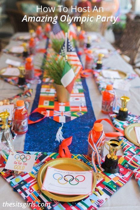 How to host an amazing Olympic party, 13 Creative Olympic Party Ideas via Pretty My Party Adult Olympic Games, Olympic Photo Backdrop, Olympic Party Food Ideas, Olympic Party Food, Olympic Theme Party, Olympics Party, Olympic Theme, 1984 Olympics, Olympic Party