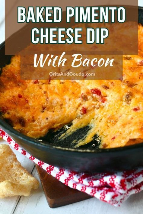 Make this crowd pleasing Baked Pimento Cheese Dip with Bacon the next time you're looking for a savory appetizer! Combine everything in a cast iron skillet or another oven safe dish and you'll have an easy and hot pimento cheese dip in no time. Warm Pimento Cheese Dip, Baked Pimento Cheese Dip 12 Tomatoes, Baked Pimento Cheese Dip, Hot Pimento Cheese Dip Recipe, Hot Pimento Cheese Dip, Baked Pimento Cheese, Pimento Cheese Ball, Bacon Pimento Cheese, Pimento Cheese Dip Recipe