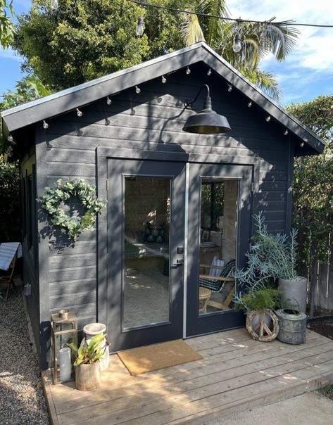 A Bold, Black She Shed Adds Drama to Landscape Designer's Back Yard Black She Shed, Black Aluminum Windows, She Shed Living, Shed Exterior Ideas, Shed Living, Sheds Ideas Backyard, Cool Sheds, Shed Landscaping, Aluminum Windows