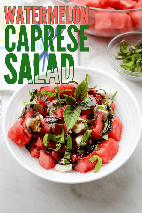 Watermelon Caprese Salad Watermelon Caprese, Watermelon Mozzarella Salad, Caprese Melon Salad, Watermelon Bruschetta, Watermelon Salad Balsamic, Watermelon Salad With Balsamic Vinegar, Watermelon Caprese Salad, Clean Appetizers, Watermelon Feta Basil Salad