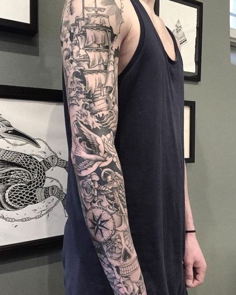 1001 + examples of stunning tattoos for men with meaning #sleevetattoo #tattoosformen Pirate Tattoo Sleeve, Old School Sleeve, Nautical Sleeve, Tatto Sleeve, Nautical Tattoo Sleeve, Blessed Tattoos, Russian Tattoo, Pirate Tattoo, Nautical Tattoo