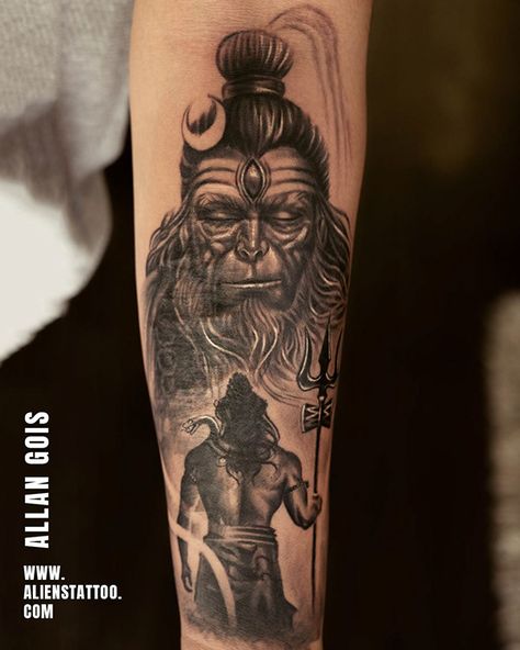 Lord Hanuman Tattoo For Men, Shiva Hanuman Together Tattoo, Shiv And Hanuman Together Tattoo, Shiv Ji Tattoo On Hand, Shiv Hanuman Tattoo, Hanuman And Shiva Together Tattoo, Hanuman Tattoos For Men, Shiv Tattoo For Men On Arm, Mahadev Tattoo Designs For Men Arm