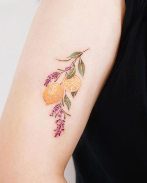 Lemon and lavender tattoo Citrus Tattoo Botanical Prints, Italian Lemon Tattoo, Lemon Tattoo Design, Lemon Branch Tattoo, Lemon Tree Tattoo, Citrus Tattoo, Lemon Tattoo, Bestie Tattoos, Lillies Tattoo