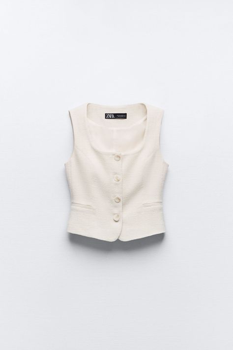 SQUARE NECK VEST - White | ZARA United States White Waistcoat, Rustic Dresses, Strapless Dresses Short, Mid Rise Denim Shorts, Tweed Vest, Zara Portugal, Square Neck Bodysuit, Best Tank Tops, White Tweed