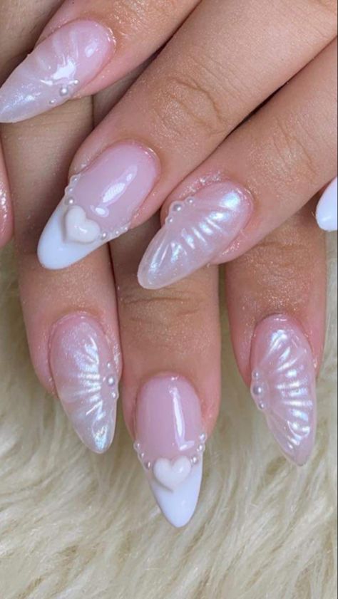 nails aesthetic almond nails glazed donut nails mermaid nails pink nails nails Pink Opal Nails Acrylic, White Iridescent Nails Almond, Mermaid Nails French Tip, Mermaid Pink Nails, Red Mermaid Nails, Almond Nails Glazed Donut, Ethereal Nails Acrylic Almond, Fairy Almond Nails, Mermaid French Tip Nails