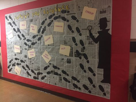 Detective Theme Bulletin Board, Mystery Library Bulletin Board, Detective School Theme, Investigation Decoration, Mystery Theme Classroom, Mystery Book Fair Theme, Detective Theme Decorations, Mystery Bulletin Board Ideas, Mystery Classroom Theme