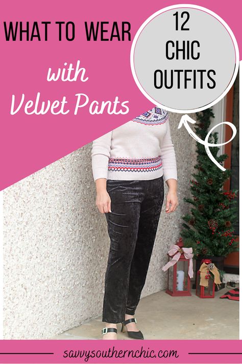 There are lots of ways to style velvet pants. They are also a great piece to have in your winter wardrobe beyond the holidays for warm winter wear. Check out what to wear with velvet pants in twelve velvet pants outfits. Includes outfits for women over 40, holiday party outfits and winter outfits. Purple Velvet Pants Outfit, What To Wear With Velvet Pants, Velvet Wide Leg Pants Outfit, Green Velvet Pants Outfits, Velvet Jeans Outfit, Velvet Pants Outfit Winter, Black Velvet Pants Outfit, Velvet Trousers Outfit, Velour Pants Outfit