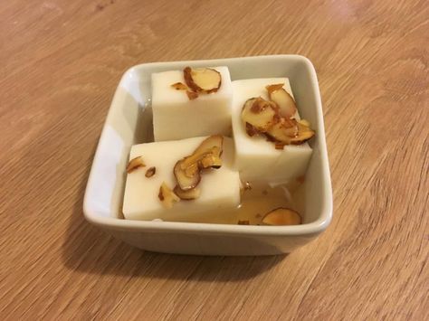 Genshin Impact Recipe – 3 – Almond Tofu! – Gamers' Pantry Almond Tofu, Chinese Dessert, Bagged Milk, Almond Flavor, Creamy Desserts, Apricot Kernels, Nut Milk, Stone Fruit, Game Food