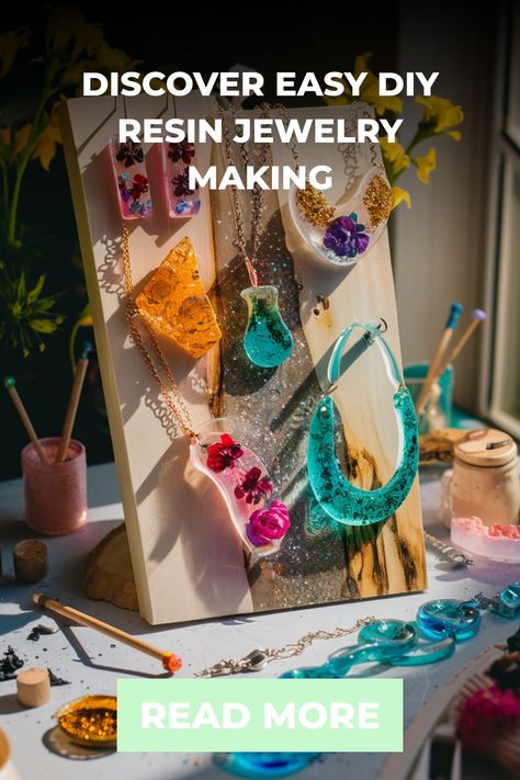 DIY resin jewelry display with colorful pieces and crafting tools, promoting a tutorial. Jewelry With Resin, Resin Jewellery Ideas, Resin Hacks, Resin Jewelry Box, Diy Resin Jewelry, Epoxy Resin Jewelry, How To Make Resin, Making Resin Jewellery, Acrylic Pouring Techniques