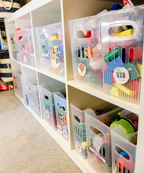 Toy Storage In Closet, Toy Wall Storage, Kids Playroom Organization Storage, Playroom Closet Organization, Clever Toy Storage, Storage In Closet, Toy Closet Organization, Toy Room Storage, Toy Closet