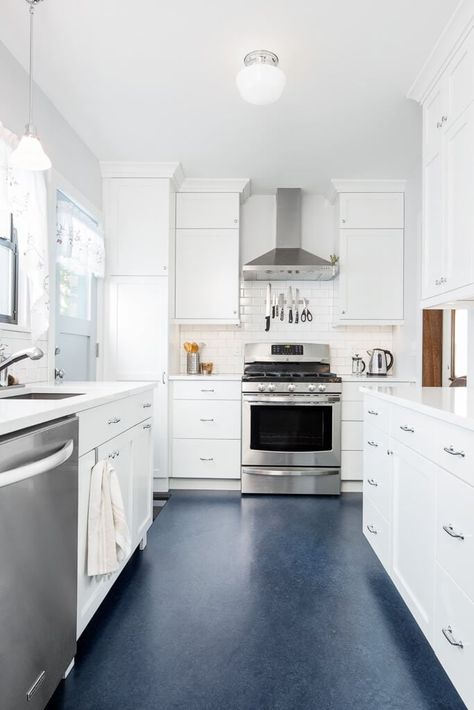 White Galley Kitchens, White Galley Kitchen, Galley Kitchen Remodel Ideas, Marmoleum Floors, Galley Kitchen Layout, Traditional Kitchen Remodel, Apple Photography, Galley Kitchen Remodel, Kitchen Transitional