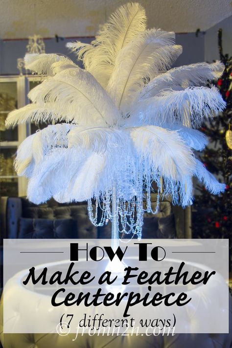 If you're having a wedding or other event  and want to use feather centerpieces, you can save a lot of money by making them yourself.  This shows you how with step-by-step instructions. | How to Make a Feather Centerpiece (7 different ways) Ostrich Feather Centerpieces, Eiffel Tower Vases, Harlem Nights, Feather Centerpieces, Roaring 20s Party, Gatsby Themed Party, Gatsby Theme, Event Centerpiece, Great Gatsby Party