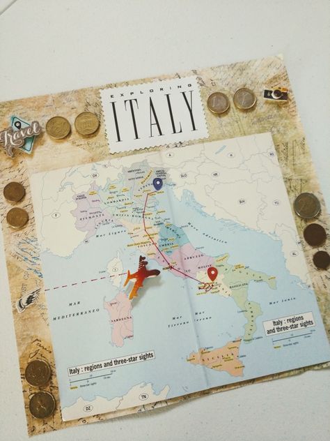 Map Scrapbook Ideas, Italy Scrapbook Ideas, Europe Scrapbook Ideas, Scrapbook Ideas Vacation, Study Abroad Scrapbook, Italy Scrapbook Layouts, Scrapbook Front Page, Vacation Scrapbook Ideas, Italy Scrapbooking