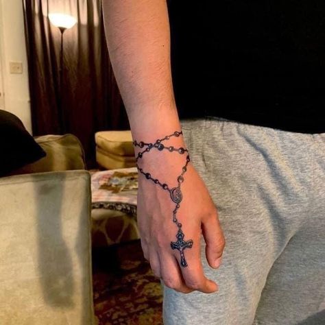 Rosary Tattoo Ideas, Rosary Ankle Tattoos, Rosary Tattoo Wrist, Chain Tattoos, Rosary Tattoo On Hand, Tattoos On Arm, Cross Tattoo On Hand, Polish Tattoos, Rosary Tattoo