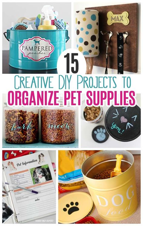 Got pet clutter? Get organized with these awesome DIY pet supply organizer projects! Make a homemade treat jar, DIY pet food container, pet command center, pet records organizer and more. Perfect for cats and dogs! #dogs #cats #DIY #pets Diy Pet Food, Diy Organize, Pet Supplies Organization, Best Dog Food Brands, Dogs Diy Projects, Pet Food Container, Dog Organization, Pet Organization, Pet Projects