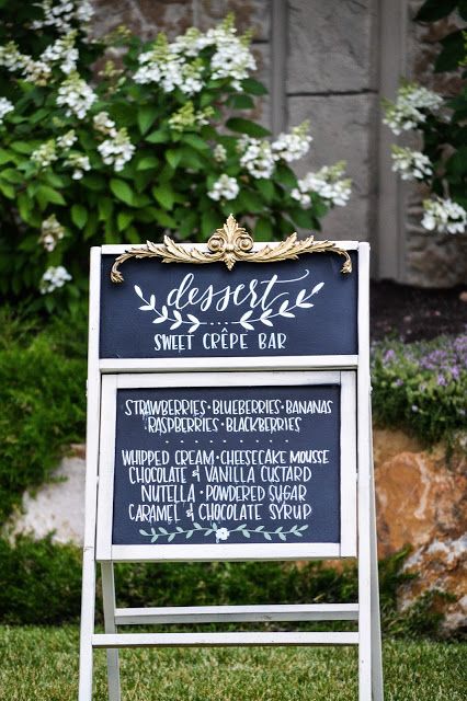 Dessert Sweet Crepe Bar #calligraphy #weddings #dessert #reception #bride #groom #backyardreception Wedding Crepe Bar, Crepe Bar Wedding, Crepe Station Ideas, Crepe Station Wedding, Crepe Bar Ideas, Crepe Bar Party, Table Menu Ideas, Zoe Aesthetic, Quince Food