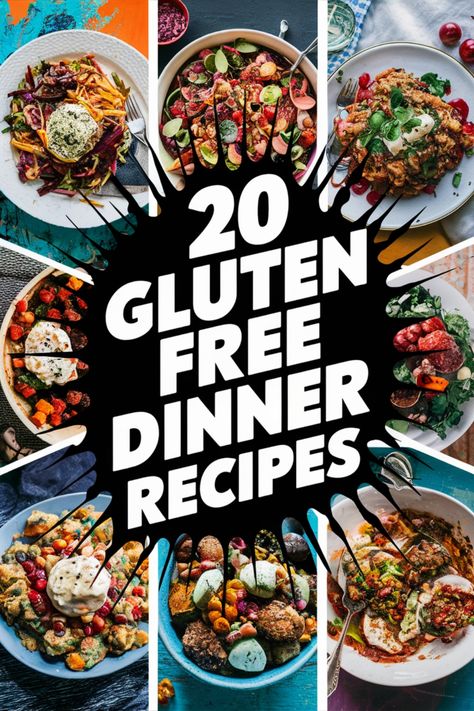 20 gluten-free dinner recipes text surrounded by photos of colorful meals. Easy Healthy Dinner Recipes Gluten Free, Easy Dinner Recipes For Two Gluten Free, Gluten Free Recipes On A Budget, Healthy Dinner Recipes Gluten Dairy Free, Recipes For Gluten Free Meals, 30 Minute Gluten Free Meals, Dinner Ideas Gf Df, Quick And Easy Gluten Free Dinner Recipes, Quick And Easy Gluten Free Recipes