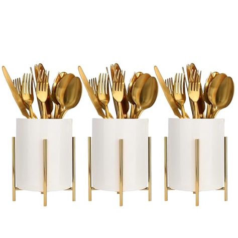 Displaying Utensils For A Party, White Gold Kitchen Decor, Utensil Holder Kitchen Countertops, Utensil Holder Ideas For Party, Classy Kitchen Decor, Silverware Holder For Party, Plastic Utensil Storage, White And Gold Kitchen Decor, Utensil Holder Party