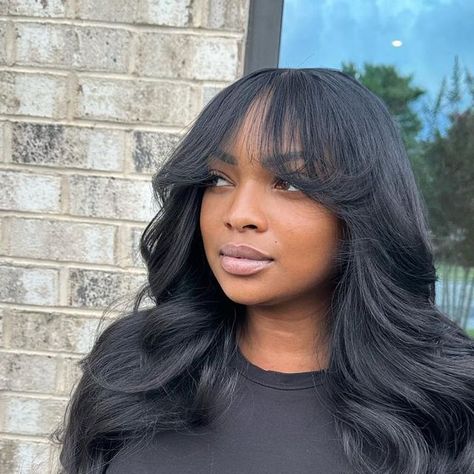 Side Part Curtain Bangs Black Women, Girl With Black Hair And Curtain Bangs, Wigs With Curtain Bangs For Black Women, Curtain Bangs Closure, Body Wave Sew In With Bangs, Wig With Curtain Bangs For Black Women, Middle Part Shoulder Length Hair Weave, Full Weave With Bangs, Sew In Weave With Closure Curtain Bangs