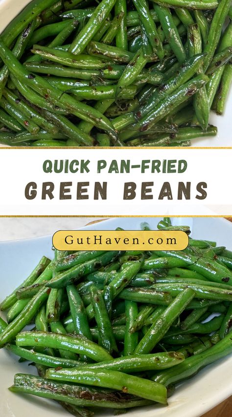 Quick Pan-Fried Green Beans are made with just olive oil, green beans, crushed red pepper, garlic, and salt. A fool-proof, pan fry then steam method results in tender yet blistered green beans, adding a delicious texture and flavor. Pan Fry Green Beans, Quick Green Bean Recipe, Pan Fried Green Beans, Stove Top Green Beans, Pan Green Beans, Fried Green Bean Recipes, Blistered Green Beans, Fresh Green Bean Recipes, Stir Fry Green Beans