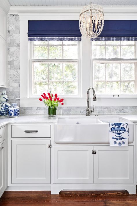 1900s Kitchen, Blue Kitchen Curtains, Best Kitchens, Construction Portfolio, Historic Kitchen, Blue White Kitchens, Navy Blue Kitchen, Cozy Cottages, Fresh Farmhouse