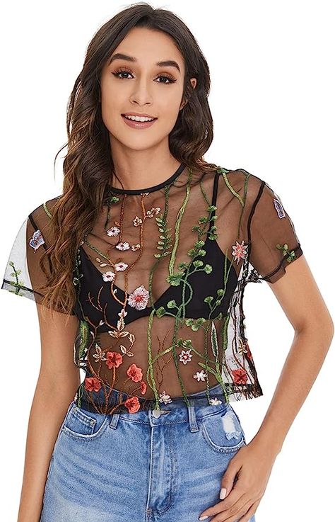 SweatyRocks Women Sexy Sheer Mesh Crop Tops Floral Embroided See Throught Short Sleeve T Shirt Blouse Black Mesh XL at Amazon Women’s Clothing store Mesh Blouse Outfit, Sheer Shirt Outfits, Mesh Shirt Outfit, Sheer Top Outfit, Sheer Embroidered Top, T Shirt Blouse, Beaded Shirt, Fashion Feminine, Sheer Floral Blouse