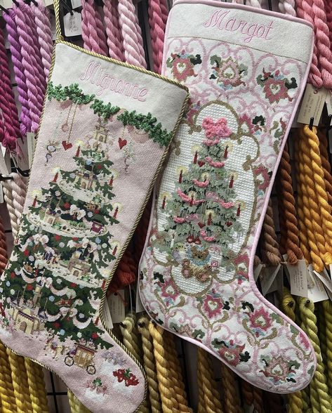 Diy Pinkmas Decorations, Stocking Inspo Christmas, Nutcracker Christmas Stocking, Vintage Pink Christmas Decor, Needle Point Stocking, Pink Christmas Stocking, Vintage Christmas Stockings Ideas, Needlepoint Stockings Christmas, Homemade Stockings Christmas