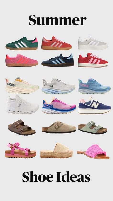 Colorful and Comfortable shoes for the summer look.  Adidas, Birkenstock, Steve Madden, Hoka, On Cloud, Reef, New Balance Shoes For The Summer, Look Adidas, Shoe Ideas, Summer Shoe, Summer Look, Summer Shoes, Summer Looks, Comfortable Shoes, Birkenstock