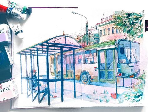 Bus Stop Perspective Drawing, Bus Stop Sketch, Bus Stop Drawing, Bus Watercolor, Webtoon Artist, Bus Illustration, Singing Drawing, Bus Stop Design, Wall Drawings