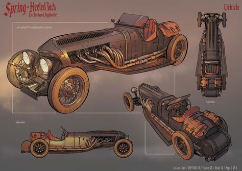 Spring-heeled Jack - Vehicle, Joseph Chan on ArtStation at https://www.artstation.com/artwork/18XW18 Car Stunt, Dieselpunk Vehicles, Steampunk Vehicle, Steampunk City, Steampunk Artwork, Spring Heels, Diesel Punk, Arte Robot, Computer Game