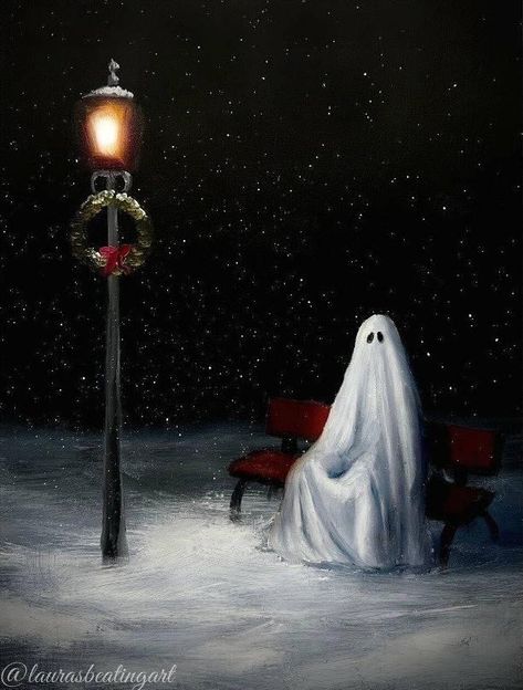 Christmas Ghost Art, Ghost Christmas Wallpaper, Navidad Dark, Drawing Ghosts, Glass Child, Ghost Scene, Ghost Christmas, Ghost Painting, Spirit Ghost