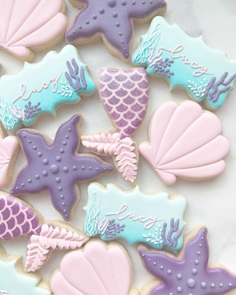 Mermaid Themed Cookies, Mermaid Theme Cookies, Mermaid Birthday Cookies, Mermaid Sugar Cookies, Starfish Cookies, Sea Cookies, Ice Cream Birthday Party Theme, Cookies Summer, Mermaid Cookies