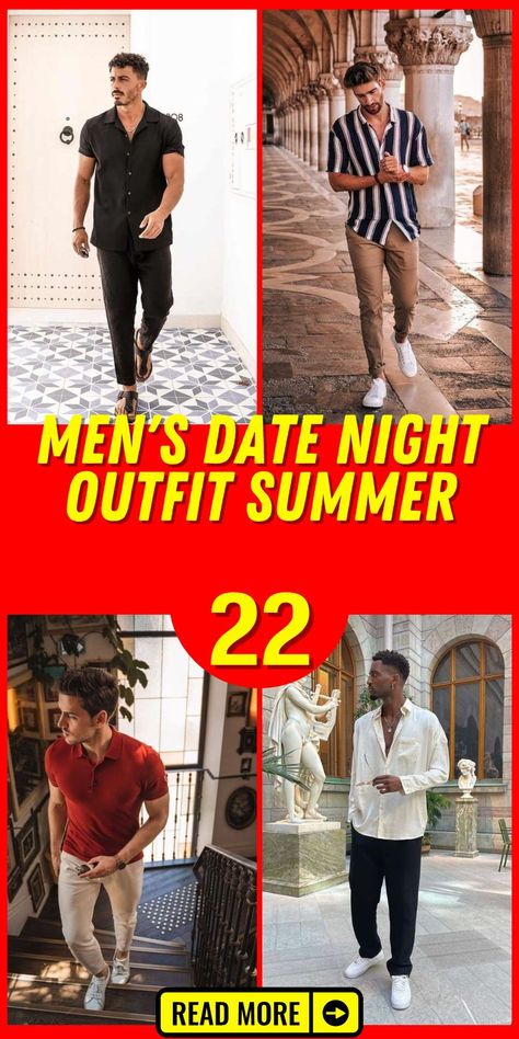 The perfect men's date night outfit for summer is one that combines the relaxed vibe of the season with a touch of class. Think casual black men's fashion with a classy twist: a lightweight, black linen shirt paired with comfortable jeans. This outfit is ideal for any summer occasion, from a beach party to a classy dinner, ensuring he remains comfortable yet stylish throughout the evening. It's a testament to how simple elements can be elevated to create a memorable look. Men Summer Night Outfit, Concert Outfits Men Summer, Dinner Casual Outfit Men, Men’s Wear Date Night, Summer Night Outfit Men, Dinner Date Outfits Men, Men Dinner Outfit Night, Dinner Date Outfit Summer, Black Men Date Night Outfit