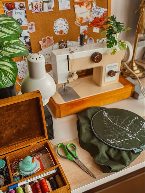 Workplace aesthetics Sewing Asthetic Picture, Sewing Aesthetic Photography, Sewing Machine Aesthetic, Workplace Aesthetic, Sanctuary Room, Grandma Activities, Aesthetics Moodboard, House Hacks Diy, Sewing Aesthetic