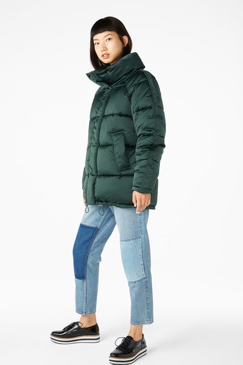 Monki Image 3 of Puffer jacket in Turquoise Greenish Dark Parachute Jacket, Puffer Jacket Outfit, Waiting For U, Short Trench Coat, Peacoats, Different World, A Different World, Green Coat, Trending Styles